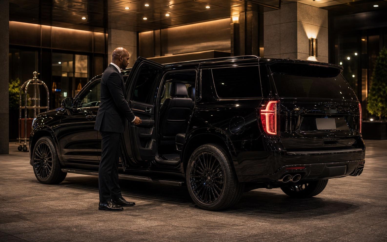 Black Suburban-style chauffeur SUV representing Bluecrest private demand