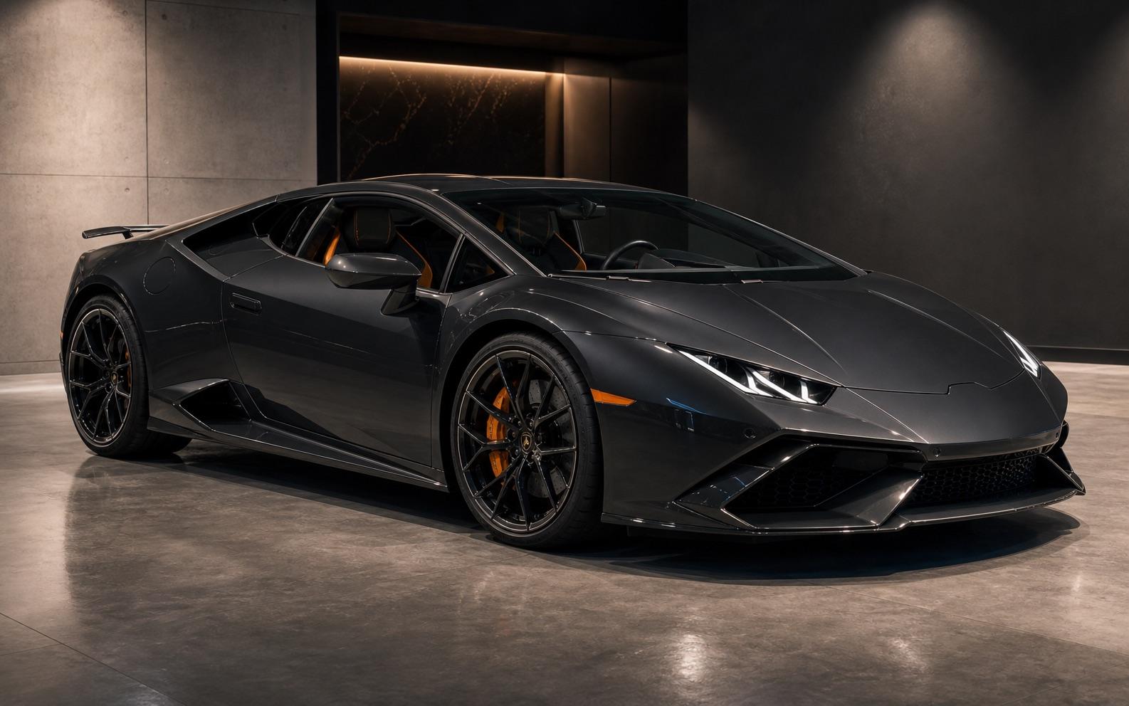 Dark exotic supercar in showroom